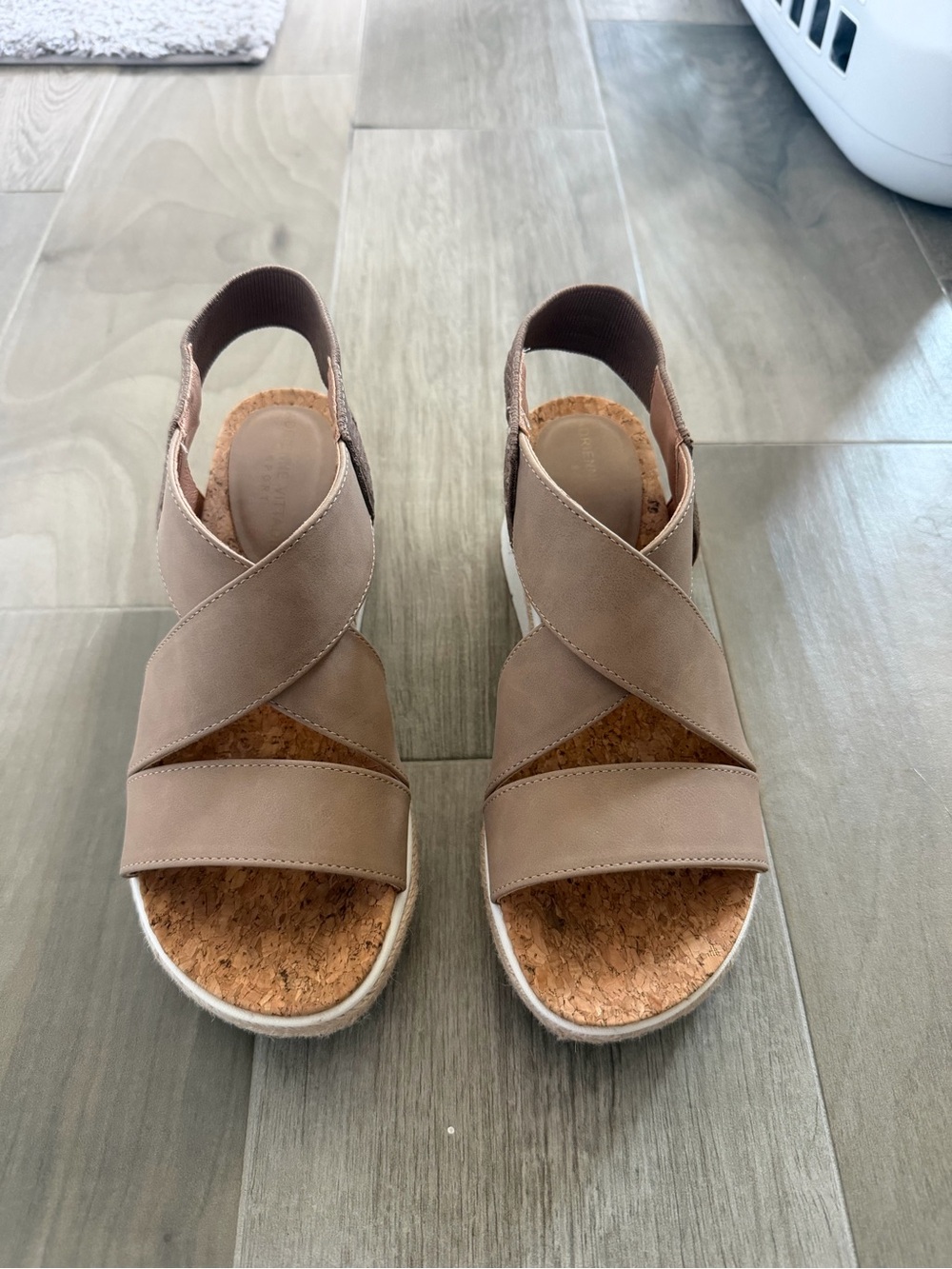 Adrienne Vittadini Taupe Cork Platform Crisscross Slingback Sandals